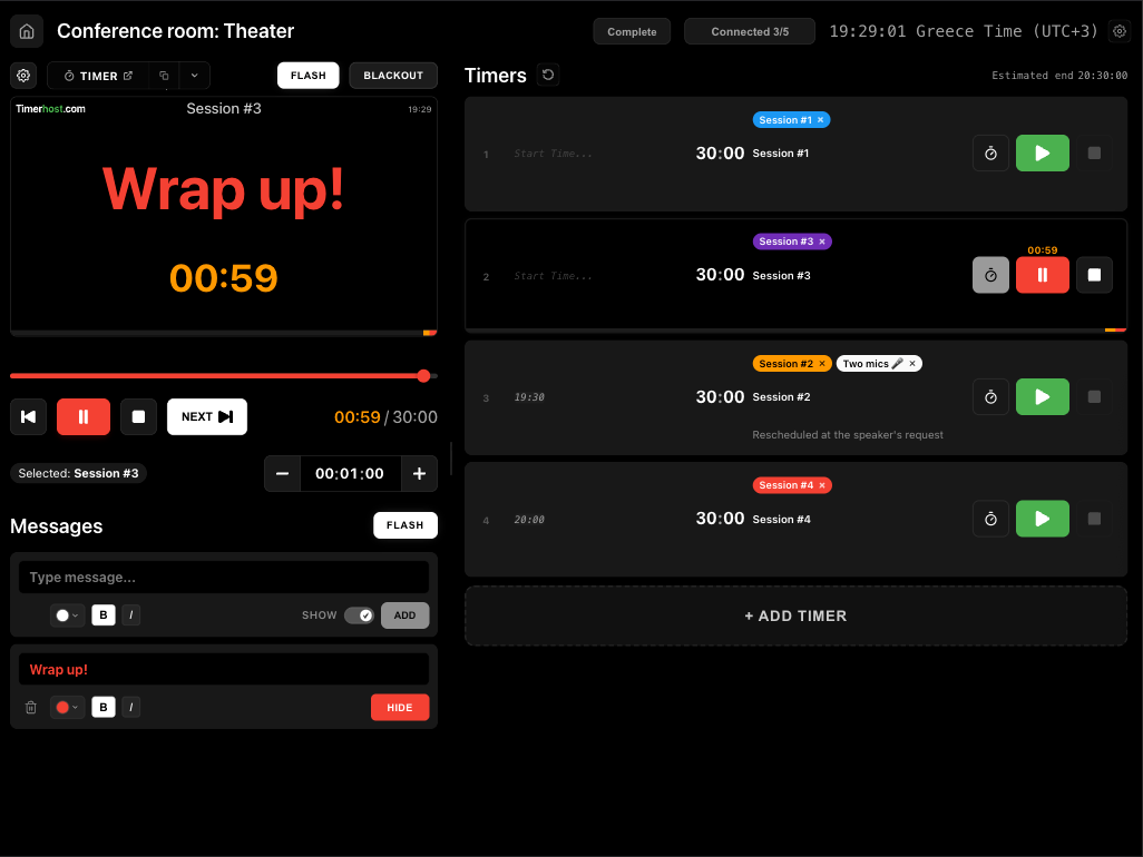 Timerhost operator console showing the live timer, message controls, and connected schedule.