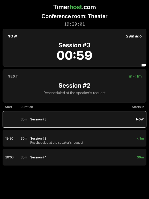 Timerhost schedule display showing the current and next sessions.