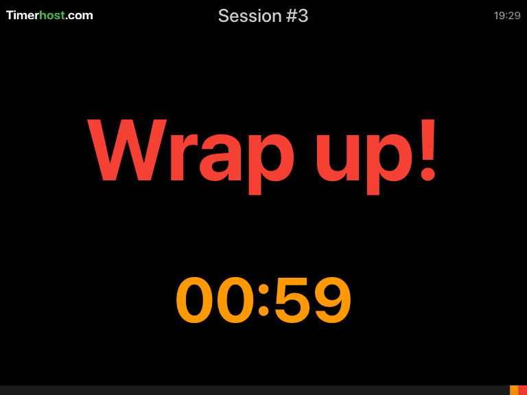 Timerhost stage timer showing a live wrap-up message and countdown.