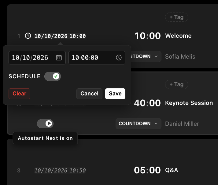 Timerhost schedule showing a scheduled start time for Welcome and Autostart Next enabled for Keynote Session.